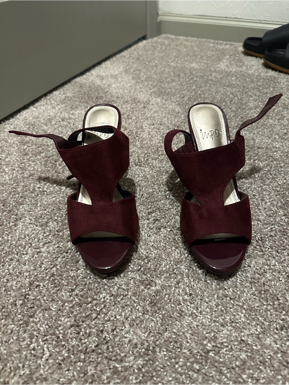 Impo Burgundy Suede & Patent Open-Toe Heels